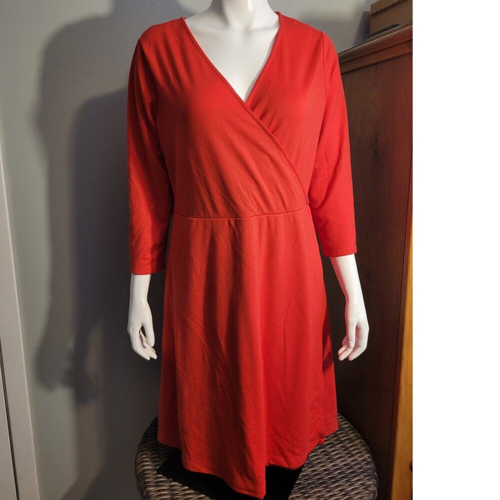 Lands’ End Red Faux Wrap Midi Dress 14-16 Modest Midi Career Church Quietlux